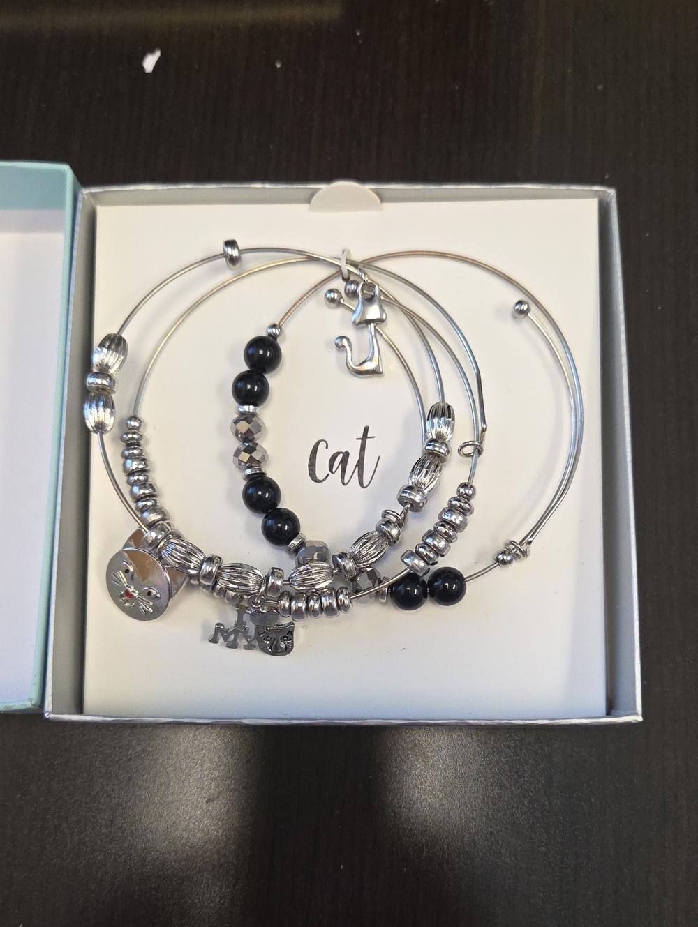 Kohl's Silver and Black Cat Charm Stackable Bracelet Set of 3 NIB